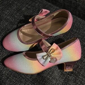 Christy Girls Heels Dress Shoes Mary Jane Pastel rainbow glitter Bows Pumps Low